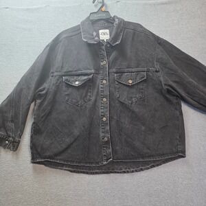Zara Oversized Denim Shirt Jacket Washed Womens XL Black Distressed Shacket